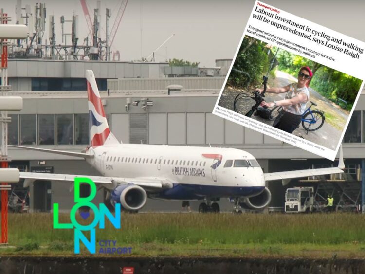 London City Airport logo, a plane flying into the airport, and a screenshot of the Guardian's article about Louise Haigh's announcement on new cycle funding Labour