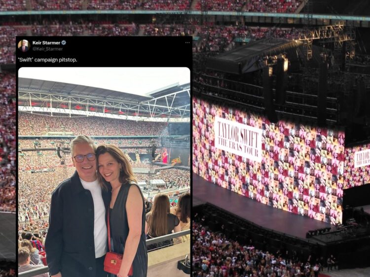 Keir Starmer's X post at Taylor Swift's Era's Tour in London, and the stage with the logo behind.