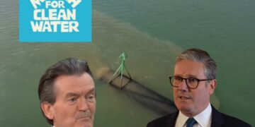 Feargal Sharkey, Keir Starmer, the March for Clean Water logo, and a sewage pipe pumping pollution into the ocean.