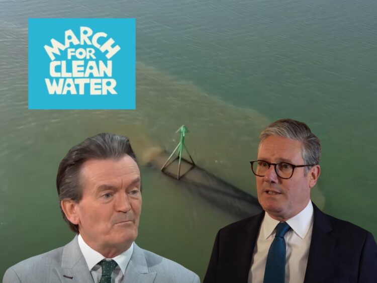 Feargal Sharkey, Keir Starmer, the March for Clean Water logo, and a sewage pipe pumping pollution into the ocean.