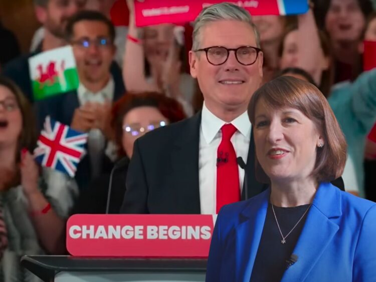 Starmer at the podium which reads: "Change begins" and Rachel Reeves laughing in front Labour