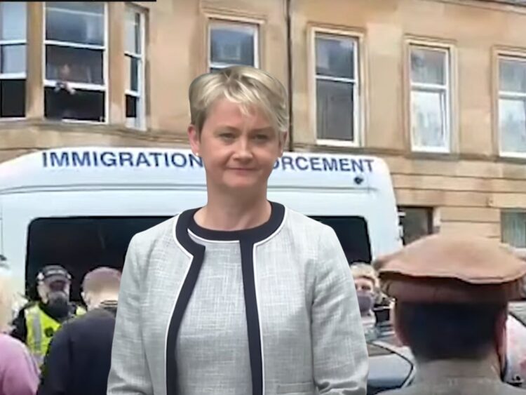 Protesters block an immigration enforcement van. A smiling home secretary Yvette Cooper Labour