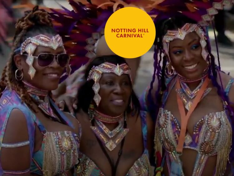 Three Black women at the Notting Hill Carnival, and the event's logo.