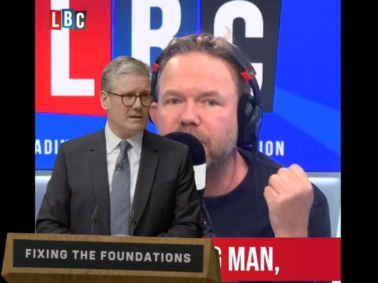 James O'Brien on LBC. Starmer stood at the podium which reads "Fixing the Foundations" Labour