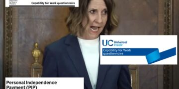 Labour Liz Kendall and screengrabs of the DWP capability for work questionnaire headers for Universal Credit and ESA, and text that reads 'Personal Independence Payment (PIP)' DWP PIP WCA