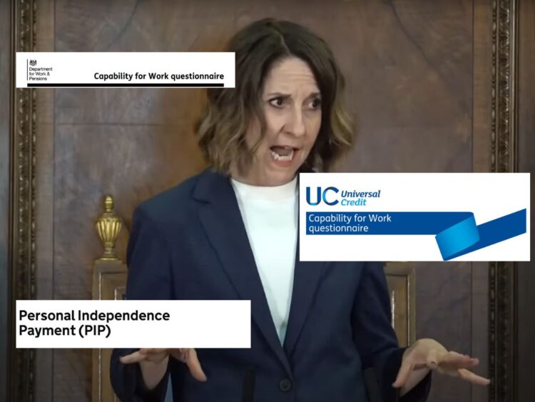 Labour Liz Kendall and screengrabs of the DWP capability for work questionnaire headers for Universal Credit and ESA, and text that reads 'Personal Independence Payment (PIP)' DWP PIP WCA