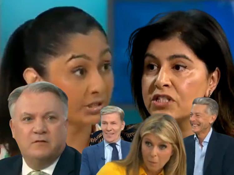 Zarah Sultana and Sayeeda Warsi in the background. Ed Balls , Andrew Pierce, Kate Garraway, and Ben Bradshaw in the foreground GMB