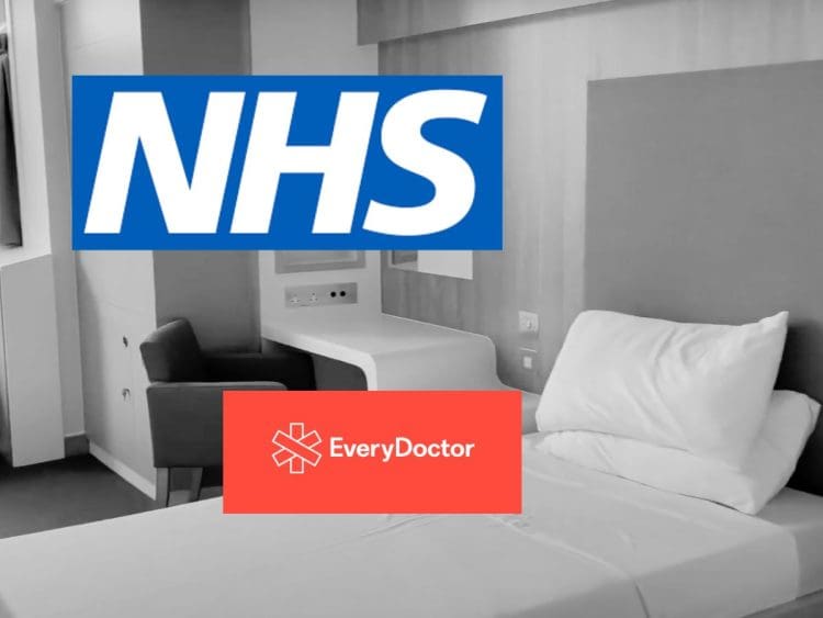 Bed in a mental health ward. NHS and EveryDoctor logos NHS privatisation