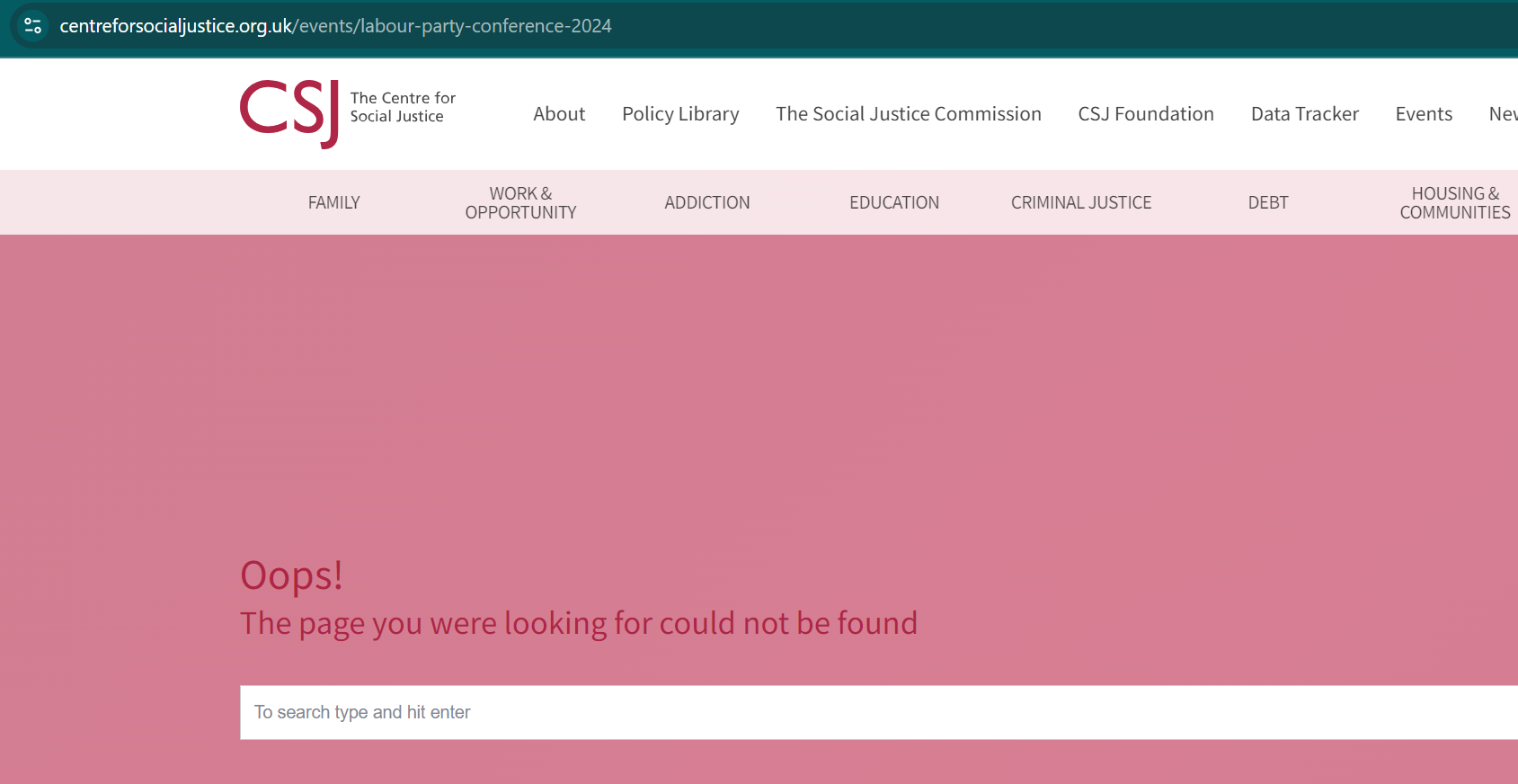 Page cannot be found for the URL that hosted the CSJ's page for the upcoming Labour Party conference. 
