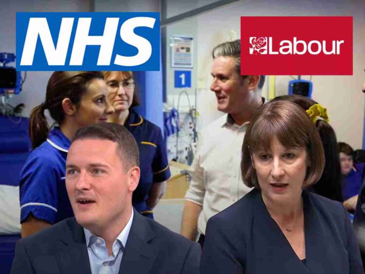 NHS and Labour Party logos. Wes Streeting and Rachel Reeves. Keir Starmer talking to healthcare staff in a hospital setting.