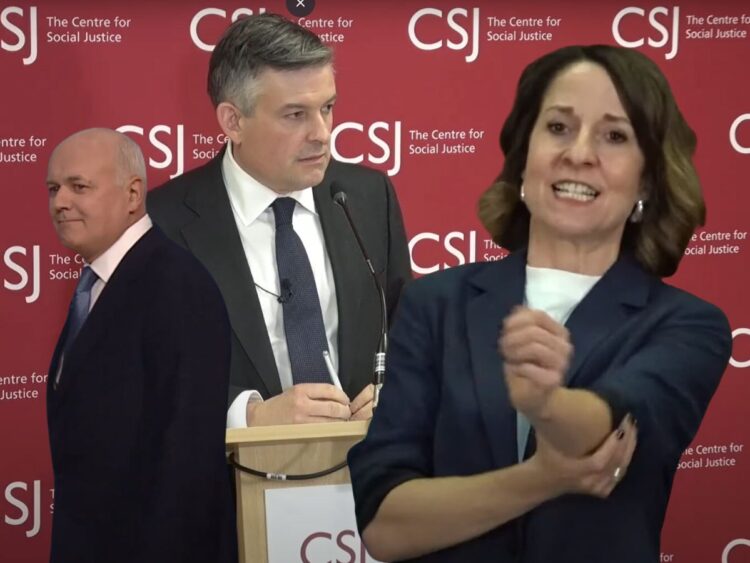 Jonathan Ashworth delivering a keynote at a CSJ event. Iain Duncan-Smith walking off to the left. Liz Kendall rolling up her sleeve with gritted teeth DWP CSL Labour