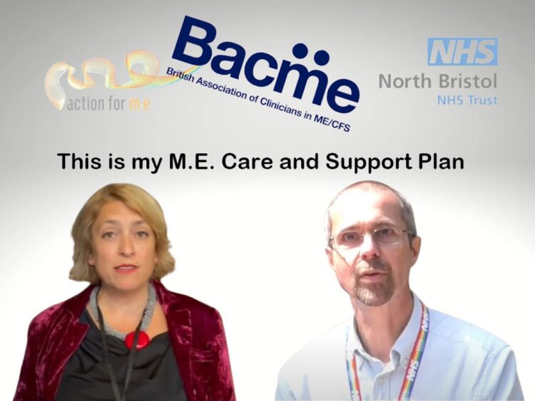 Action for ME, BACME, and NHS North Bristol NHS Trust logos. Text which reads: "This is my M.E. Care and Support Plan". Sonya Chowhury and Peter Gladwell ME/CFS