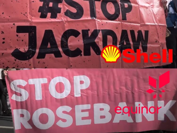 #Stop Jackdaw banner and a Stop Rosebank banner, with Shell and Equinor logos superimposed on top.