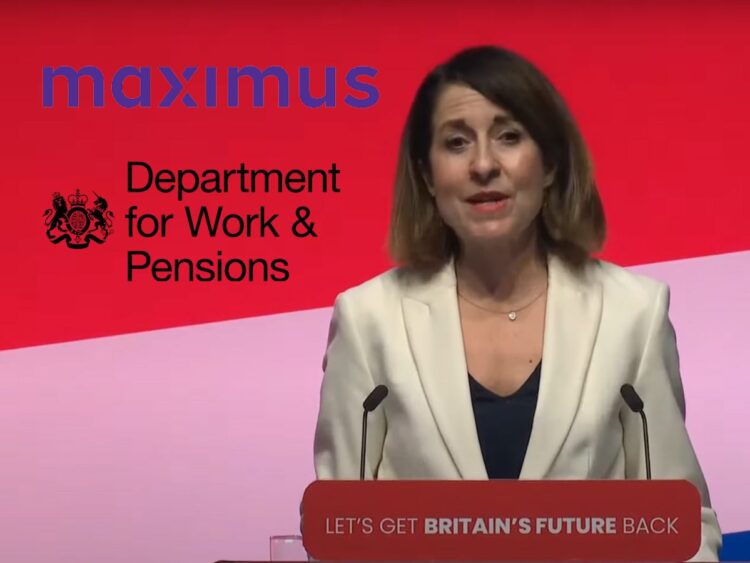 Liz Kendall speaking at a podium with the slogal 'Let's get Britain's future back' during Labour's 2023 annual conference. Maximus, and the DWP logos DWP PIP