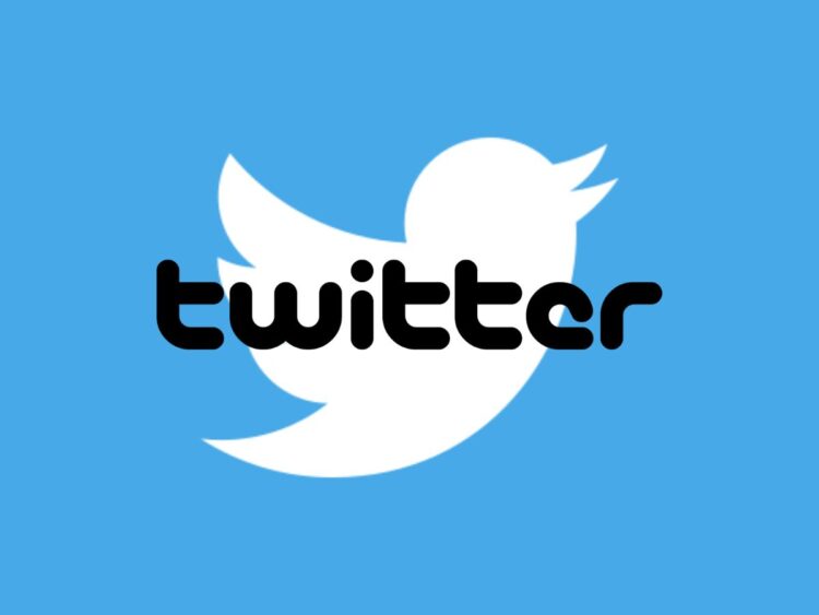 Twitter bird logo in blue and white, and text logo in black.