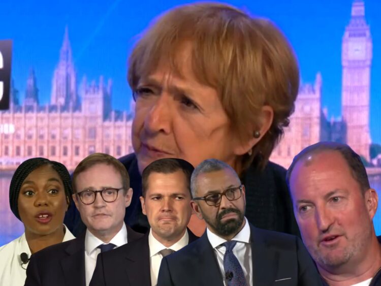 Margaret Hodge and Guto Harri on LBC. Kemi Badenoch to the left bottom of the page, with Tom Tugendhat, Robert Jenrick, and James Cleverly to her right in a row Tory leadership race