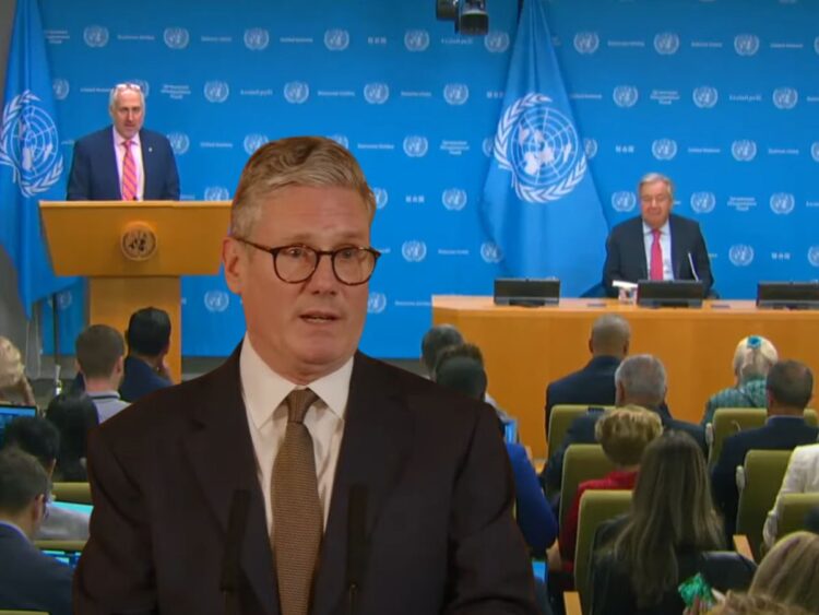 Crowd at the UN General Assembly, with Antonio Guterres at the front. Keir Starmer Labour