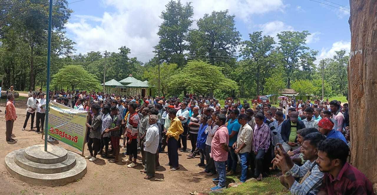 Adivasis facing eviction from Nagarhole Tiger Reserve protest at the park’s entrance.