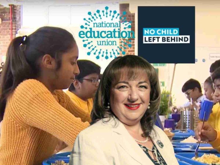 Children with free school meals at a table in a school canteen. The NEU and No Child Left Behind logos Hodgson NEU