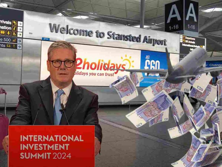 Keir Starmer in front of an International Investment Summit 2024 podium. Stansted Airport behind. A plane taking off, with multiple pound notes falling beneath it Stansted airport expansion Labour climate