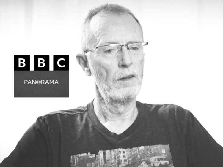 Thomas Hand speaking, in grayscale. The BBC Panorama logos Israel