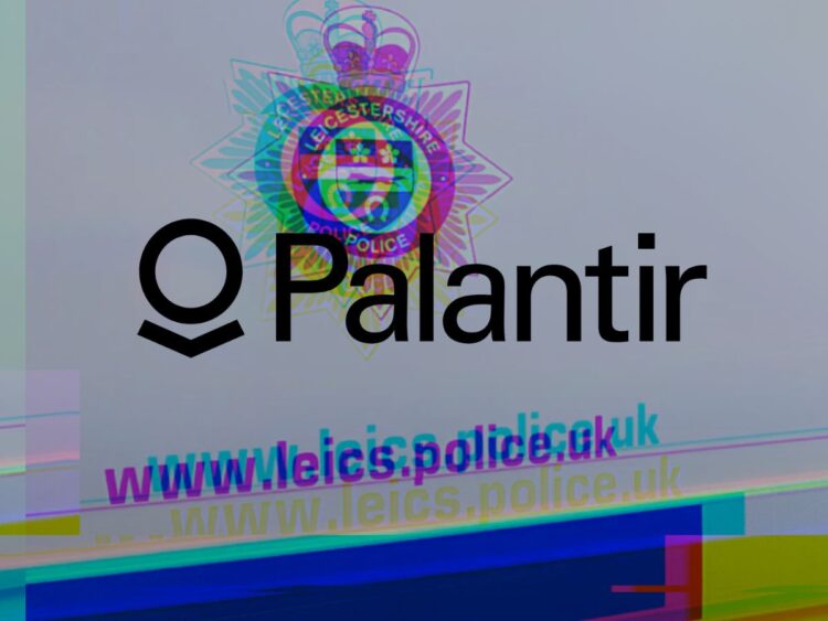 Leicestershire Police logo and web address on a police van. Palantir's logo NHS