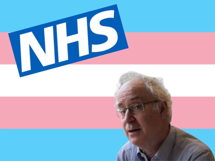 NHS logo and the trans rights flag. Simon Wessely.