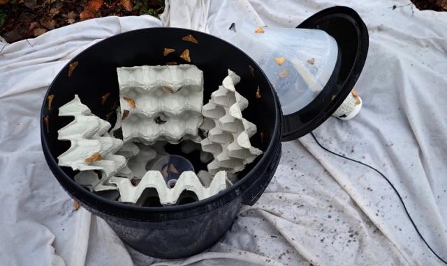 Egg boxes in a black bucket, with a funnel in the lid as a moth trap half term activities