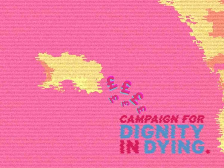 Campaign for Dignity in Dying logo with pound signs flowing into it from Jersey - orange against pink, and grainy.