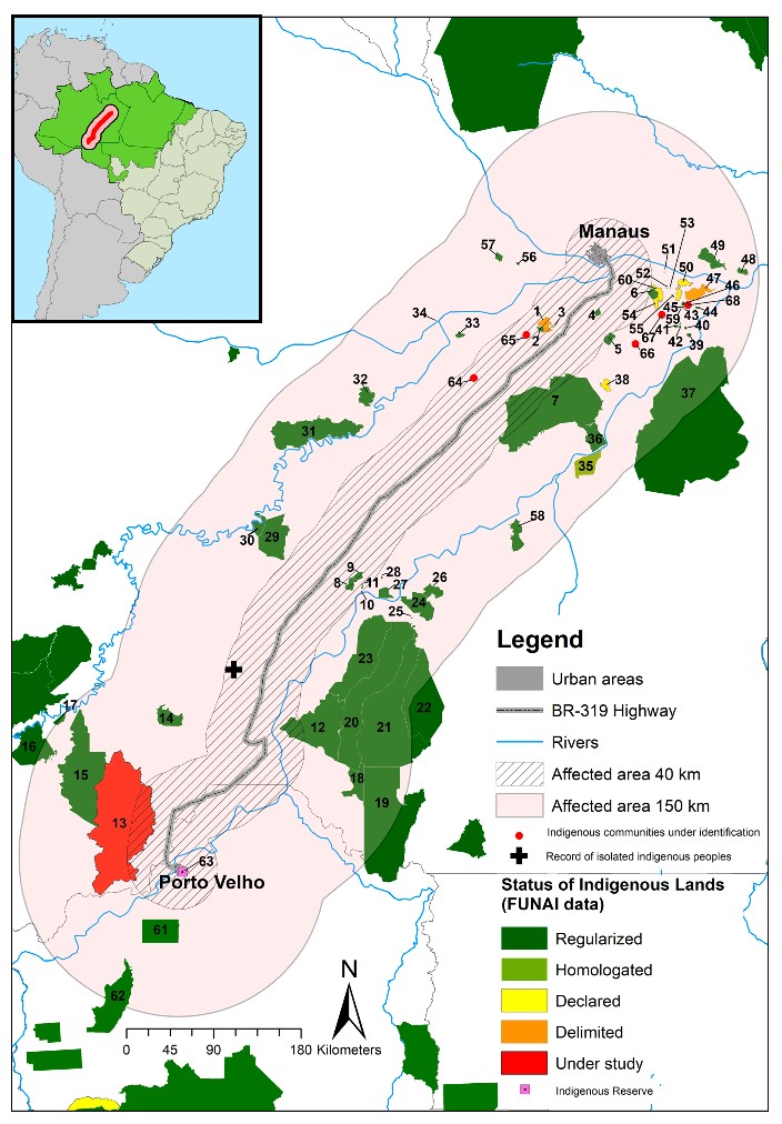 Map of Indigenous lands and communities impacted by Brazil’s BR-319 Highway. 