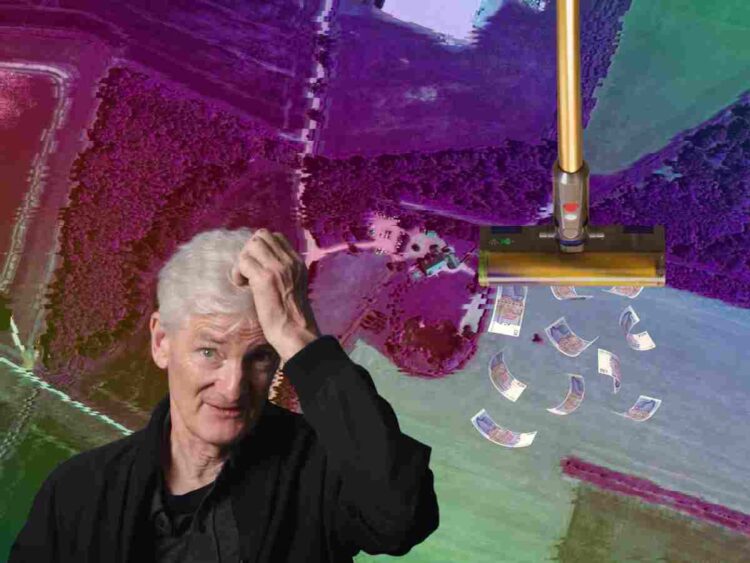 Satellite view of Dyson Farm Limited, James Dyson scratching his head, and a hoover sucking up pound notes inheritance tax Labour