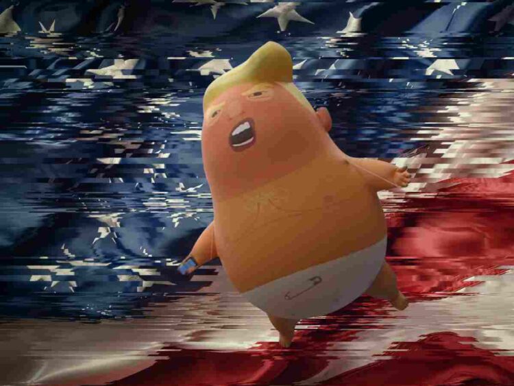 Fragmented US flag, with Trump baby blimp flying in front of it.