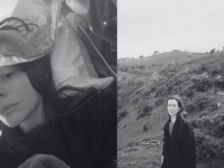 Grayscale image. Left: Rhiannon after severe ME/CFS hit, lying in bed with her ear defenders, and a hospital screen monitor beside her. Right: Rhiannon standing in a coat on a hill amidst pockets of shrubbery New Zealand