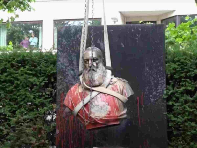 Belgium former king Leopold II has a bust that protesters have thrown blood at