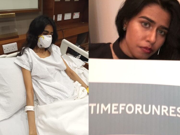 Left: Nevra in a hospital bed wearing a mask. Right: Nevra holding a placard that reads #TimeForUnrest Severe ME/CFS