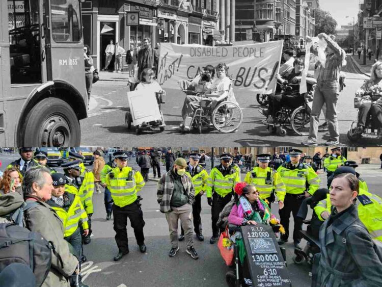 Two pictures, one of disabled people protesting by blocking traffic in the 1990s. and a similar scene from 2024