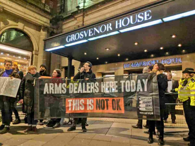 CAAT disrupting ADS arms dealers dinner at the Marriot Grosvenor in London