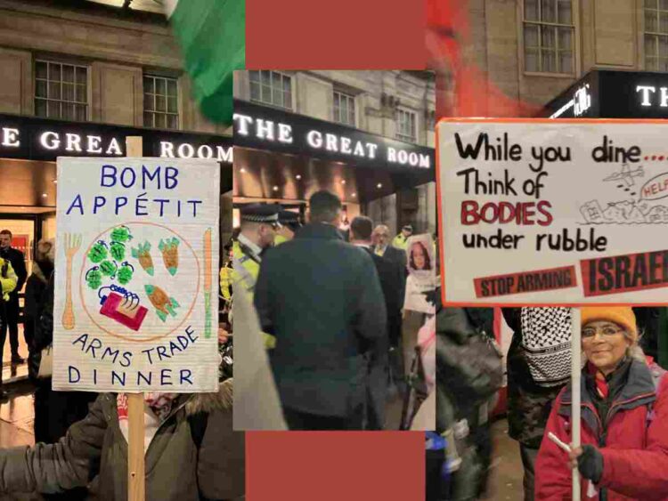 John Healey was at the ADS arms industry dinner - and so were protesters