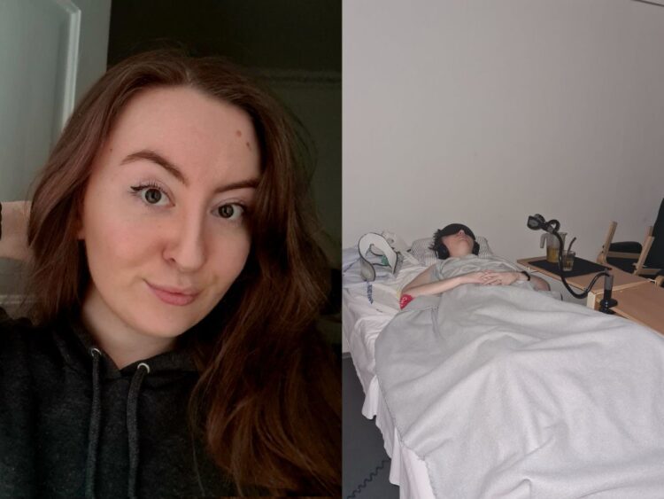 Left: portrait picture of Line smiling and well. Right: Line laying in bed, wearing ear defenders, an eye mask, and her neck brace next to her.