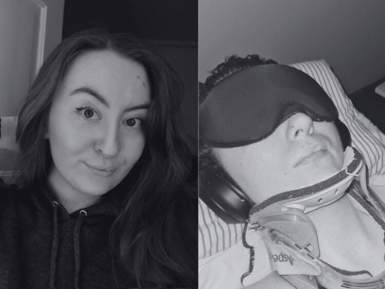 Grayscale pictures of Line. On the left, when pre-ME, smiling. On the right, in bed with ear defenders, an eye mask, and a neck brace severe ME/CFS