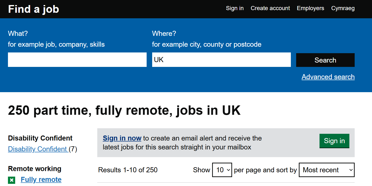 DWP Find a job webpage. Showing 250 part time, fully remote, jobs in UK. Shows that only 7 are 'Disability Confident'. 