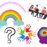 Image with pink bubble text reading: 'Neurodiversity is welcome here?' A rainbow with two clouds, followed by a question mark below, women sat round a desk, five handprints in different colours in a circle facing outwards, and a purple silhouette of a boy with his brain depicted in concentric rainbow colours. autism