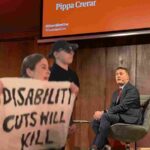 Wes Streeting faced protests over both DWP PIP cuts and NHs privatisation at a Guardian Live event at Conway Hall